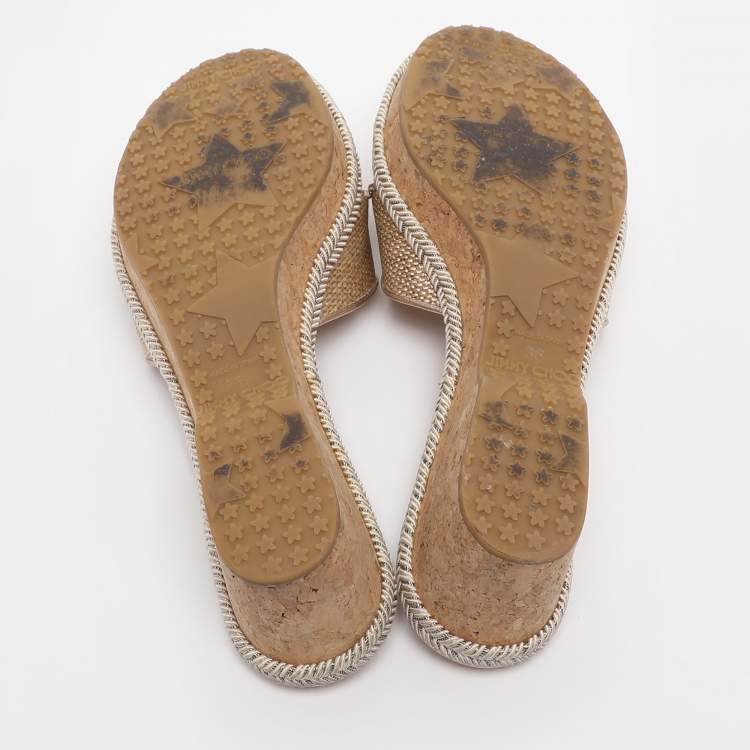 Pre Owned Jimmy Choo Gold Woven Raffia Panna Wedge Sandals Size 36