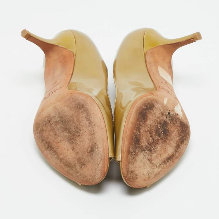 مملوكة مسبقًا Jimmy Choo Metallic Patent Leather Evelyn Peep Toe Pumps Size 36