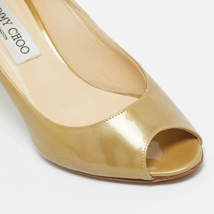 مملوكة مسبقًا Jimmy Choo Metallic Patent Leather Evelyn Peep Toe Pumps Size 36