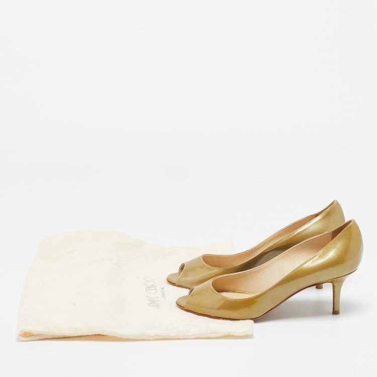 مملوكة مسبقًا Jimmy Choo Metallic Patent Leather Evelyn Peep Toe Pumps Size 36