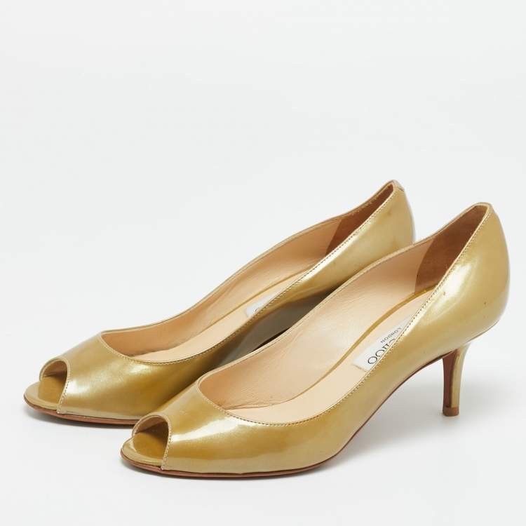 مملوكة مسبقًا Jimmy Choo Metallic Patent Leather Evelyn Peep Toe Pumps Size 36