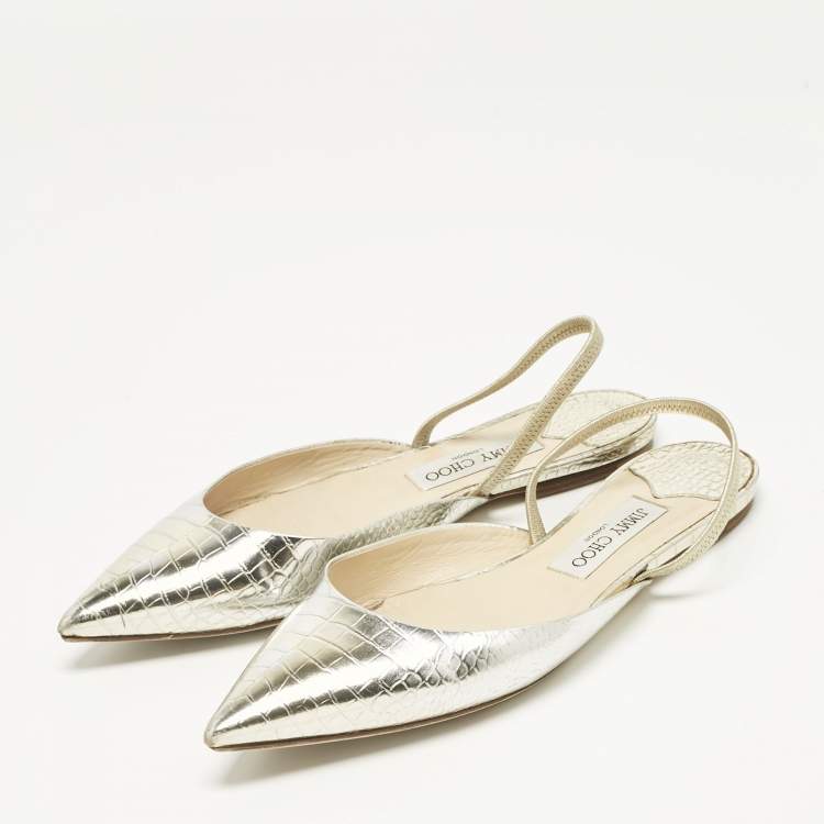 Pre Owned Jimmy Choo Silver/Gold Croc Embossed Leather Genoa Flat Mules Size 40