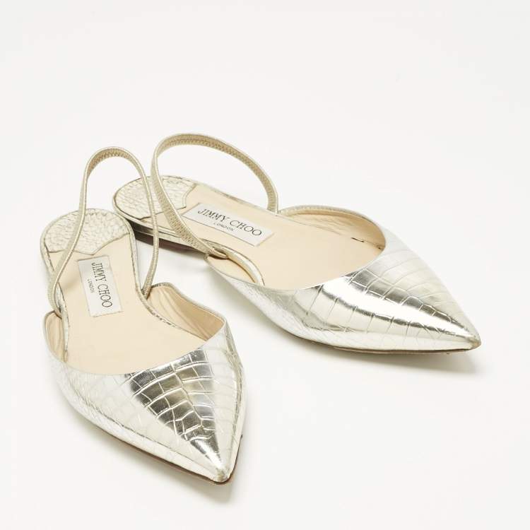 Pre Owned Jimmy Choo Silver/Gold Croc Embossed Leather Genoa Flat Mules Size 40