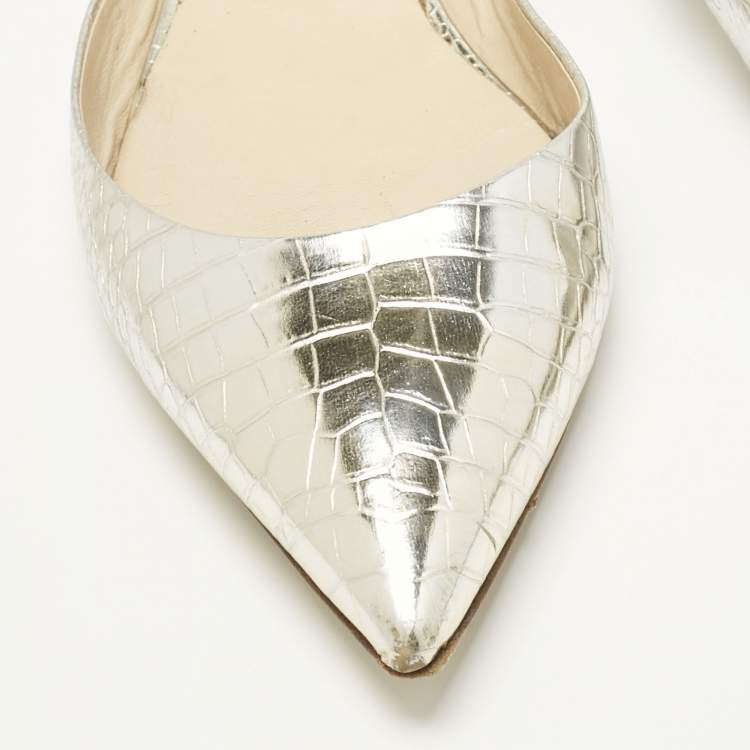 Pre Owned Jimmy Choo Silver/Gold Croc Embossed Leather Genoa Flat Mules Size 40