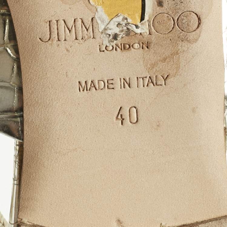 Pre Owned Jimmy Choo Silver/Gold Croc Embossed Leather Genoa Flat Mules Size 40