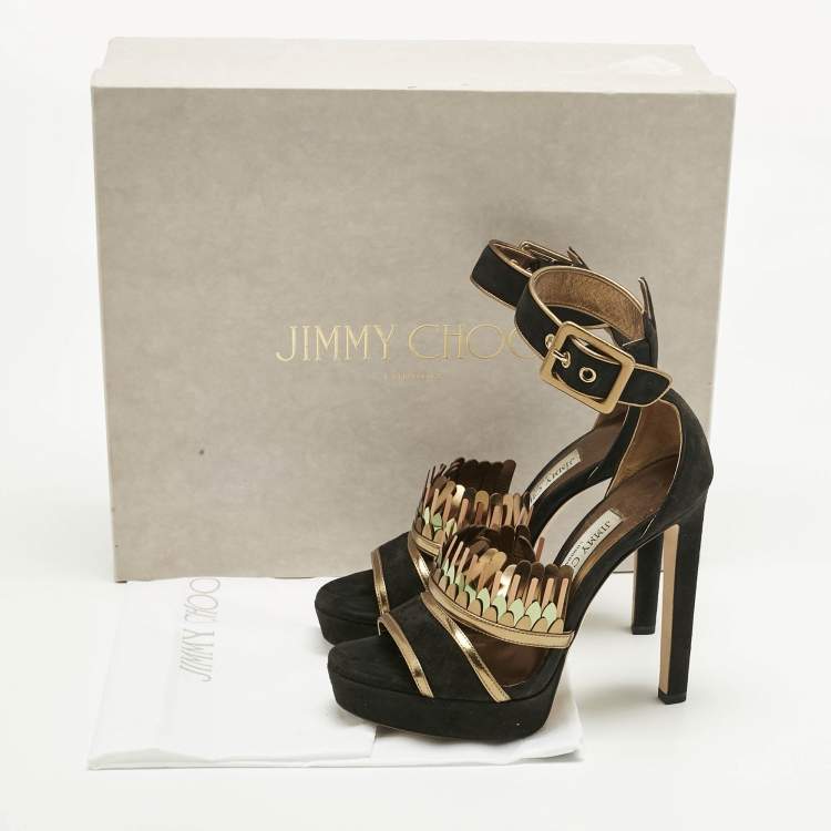 Pre Owned Jimmy Choo Black/Gold Suede Kathleen Open Toe Ankle Cuff Sandals Size 36