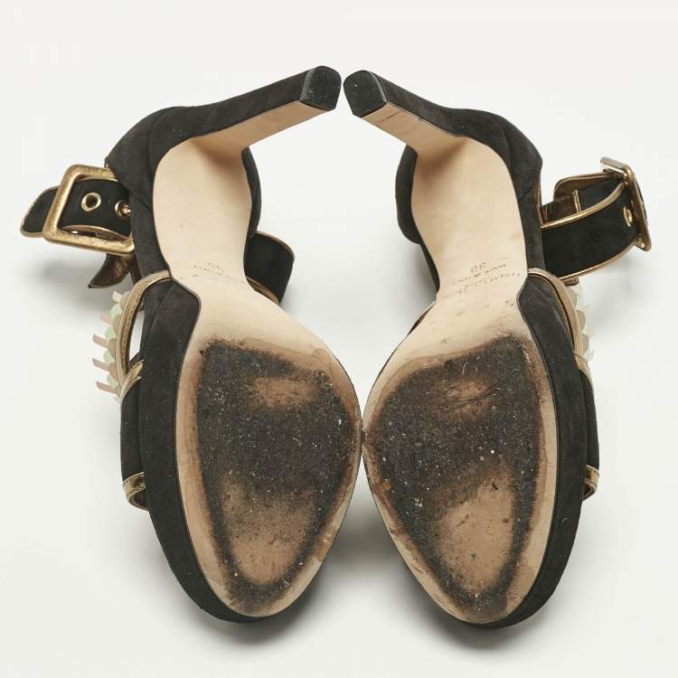 Pre Owned Jimmy Choo Black/Gold Suede Kathleen Open Toe Ankle Cuff Sandals Size 36