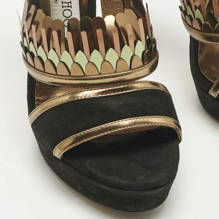 Pre Owned Jimmy Choo Black/Gold Suede Kathleen Open Toe Ankle Cuff Sandals Size 36