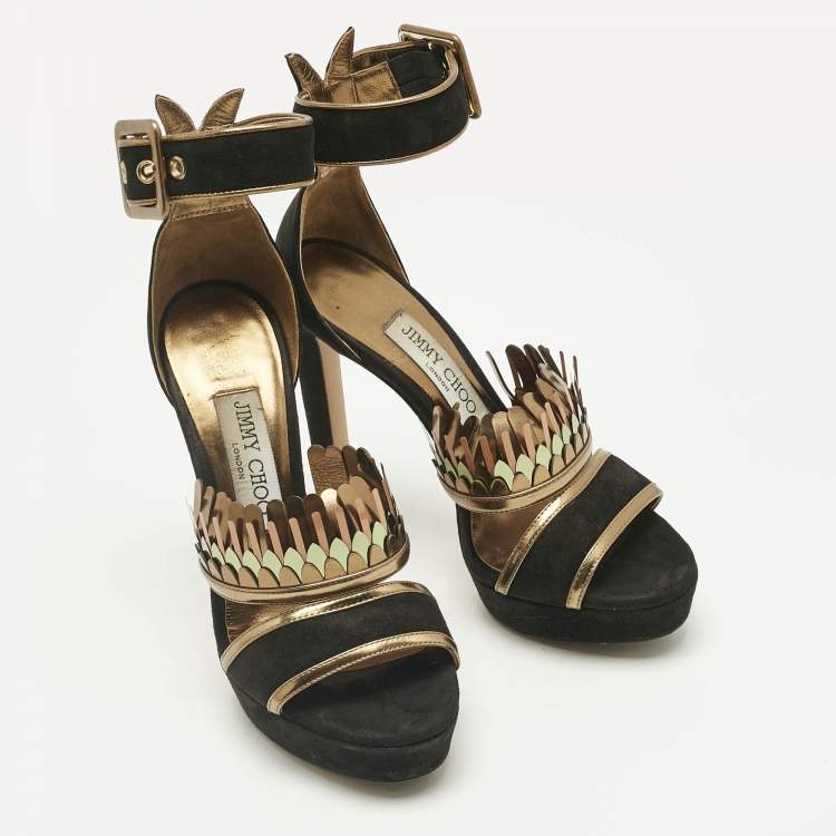 Pre Owned Jimmy Choo Black/Gold Suede Kathleen Open Toe Ankle Cuff Sandals Size 36