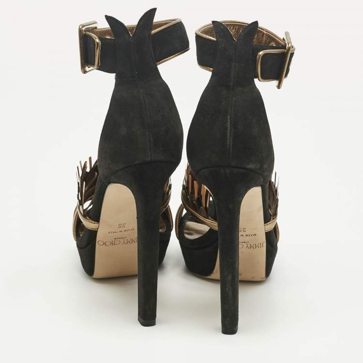 Pre Owned Jimmy Choo Black/Gold Suede Kathleen Open Toe Ankle Cuff Sandals Size 36