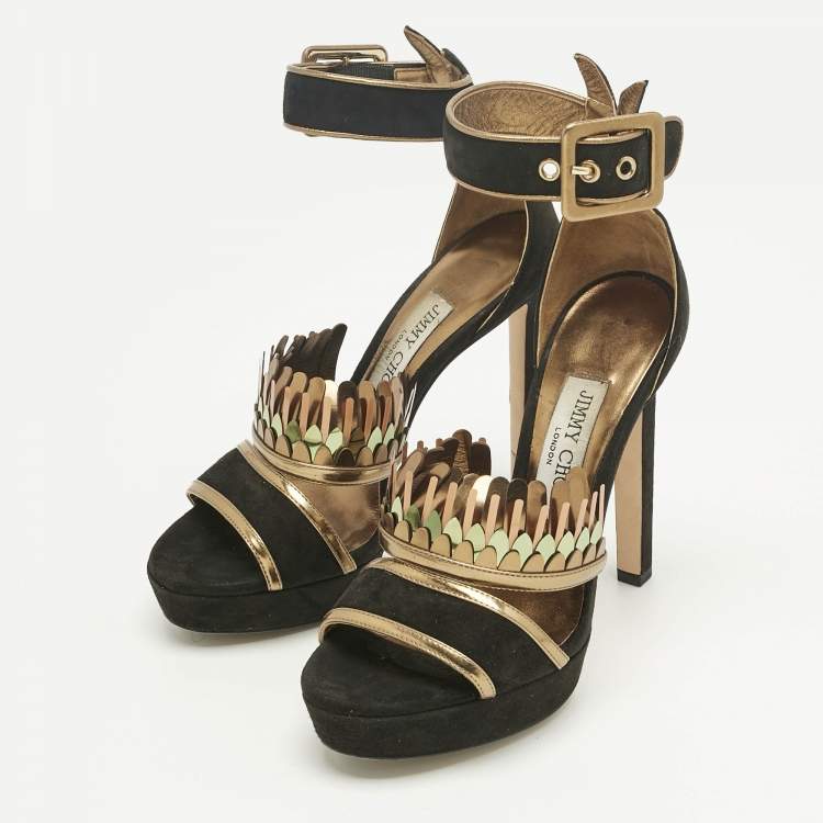 Pre Owned Jimmy Choo Black/Gold Suede Kathleen Open Toe Ankle Cuff Sandals Size 36
