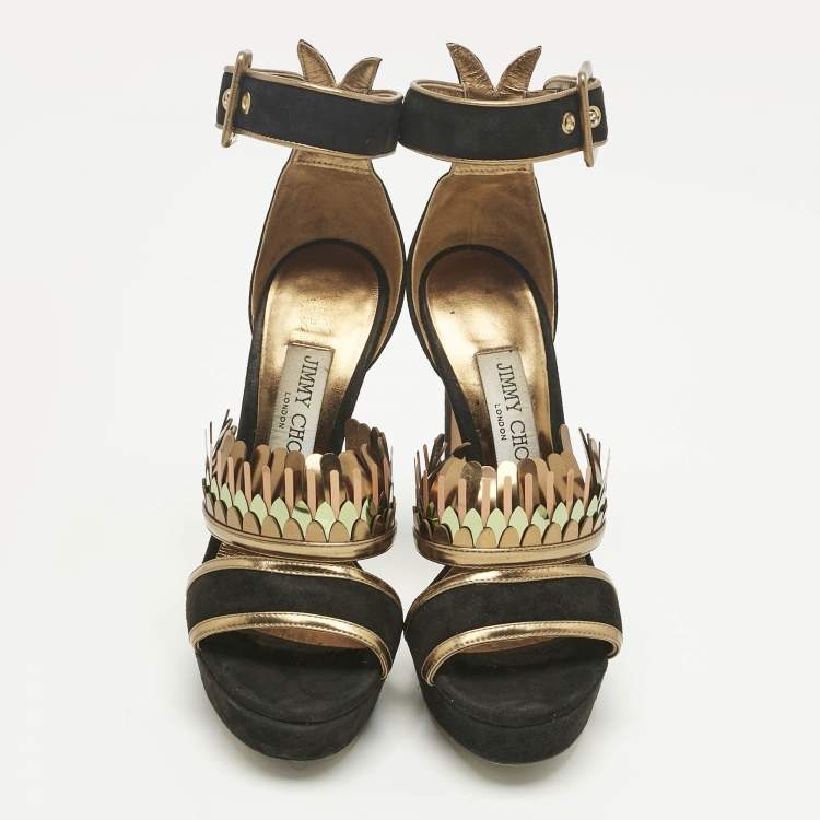 Pre Owned Jimmy Choo Black/Gold Suede Kathleen Open Toe Ankle Cuff Sandals Size 36