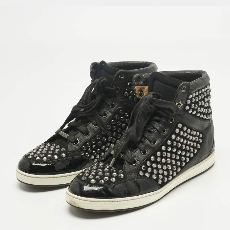 Pre Owned Jimmy Choo Black Leather and Suede Crystal Embellish High Top Sneakers Size 37
