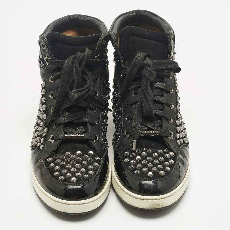 Pre Owned Jimmy Choo Black Leather and Suede Crystal Embellish High Top Sneakers Size 37