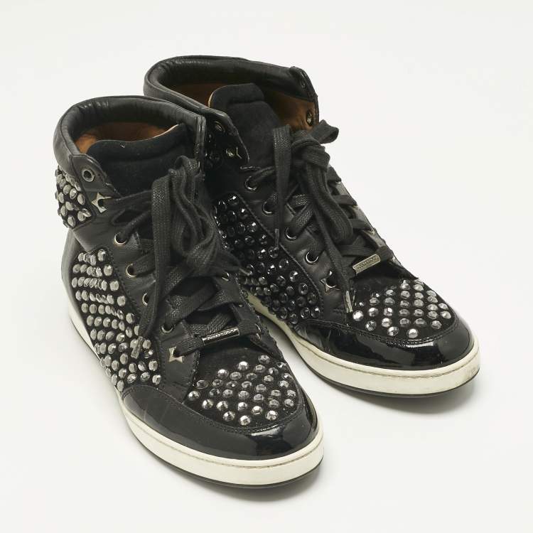 Pre Owned Jimmy Choo Black Leather and Suede Crystal Embellish High Top Sneakers Size 37
