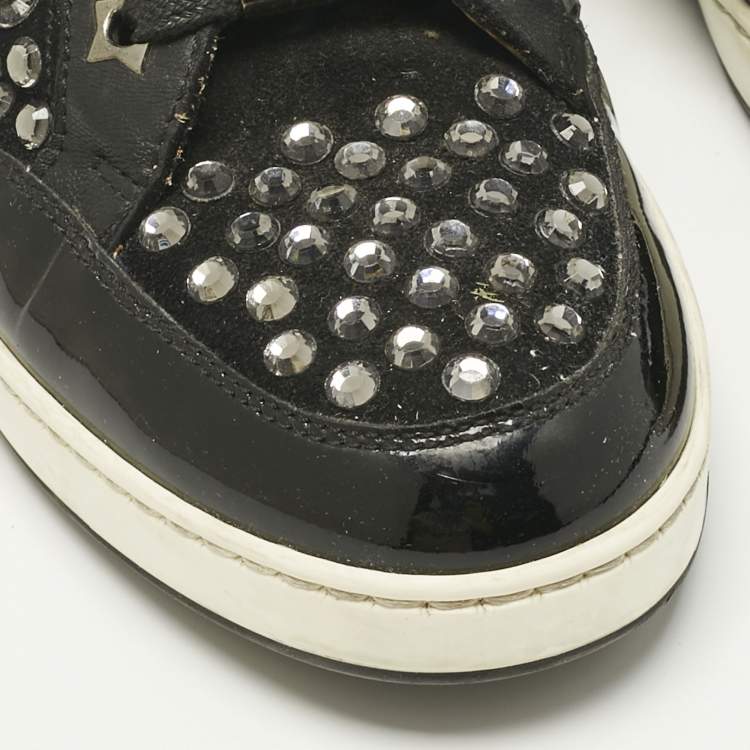 Pre Owned Jimmy Choo Black Leather and Suede Crystal Embellish High Top Sneakers Size 37