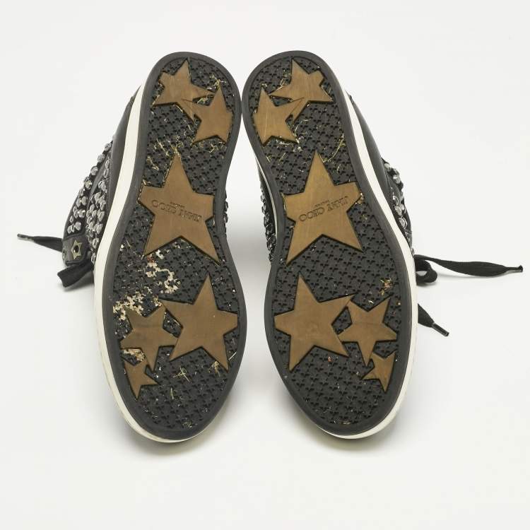 Pre Owned Jimmy Choo Black Leather and Suede Crystal Embellish High Top Sneakers Size 37