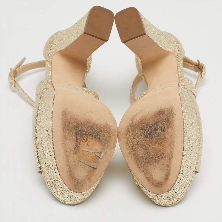 Pre Owned Jimmy Choo Gold Leather Carrie Block Heel Pumps Size 36