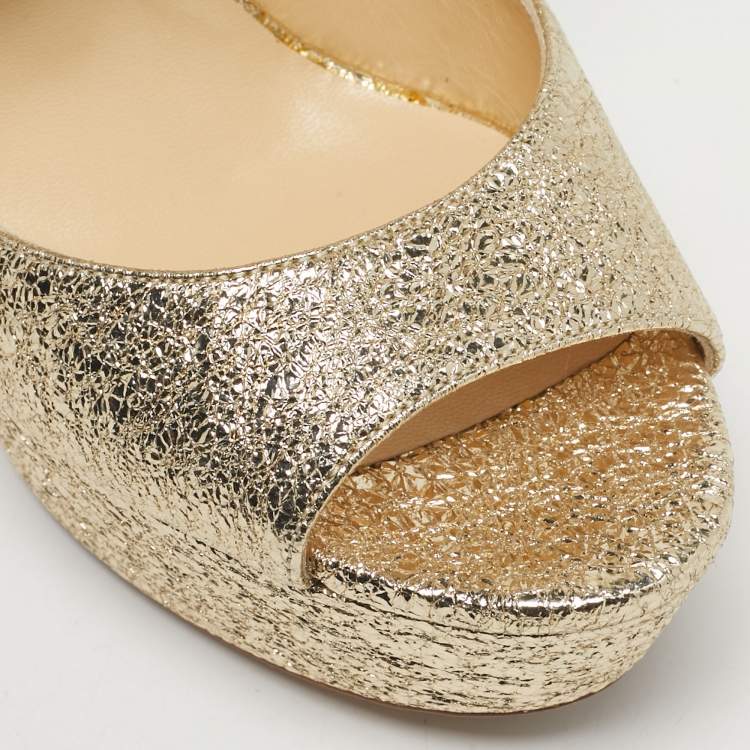 Pre Owned Jimmy Choo Gold Leather Carrie Block Heel Pumps Size 36