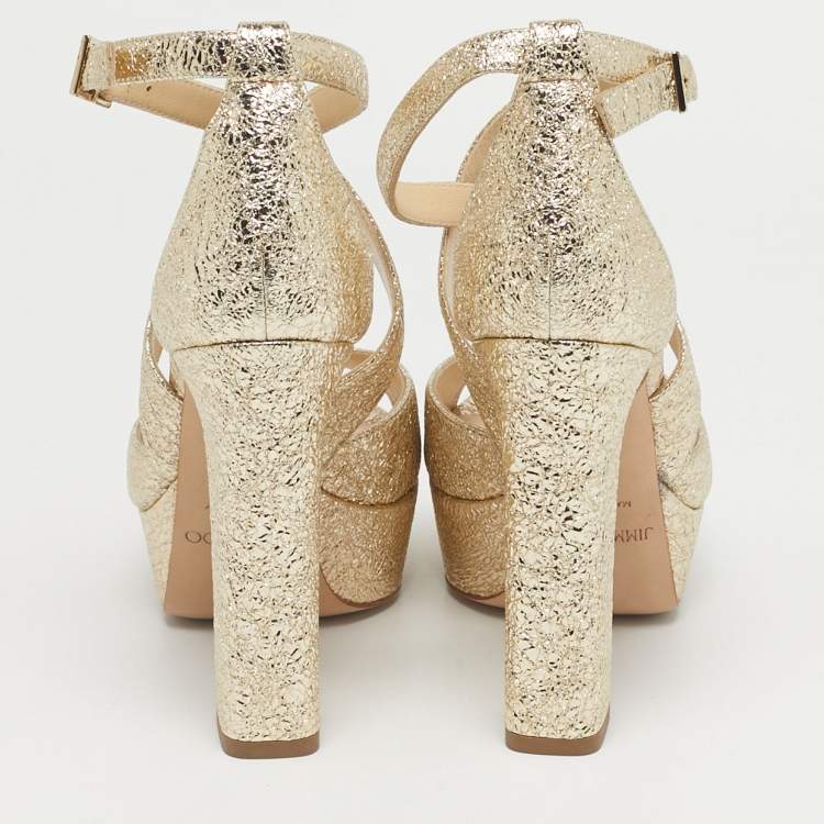 Pre Owned Jimmy Choo Gold Leather Carrie Block Heel Pumps Size 36