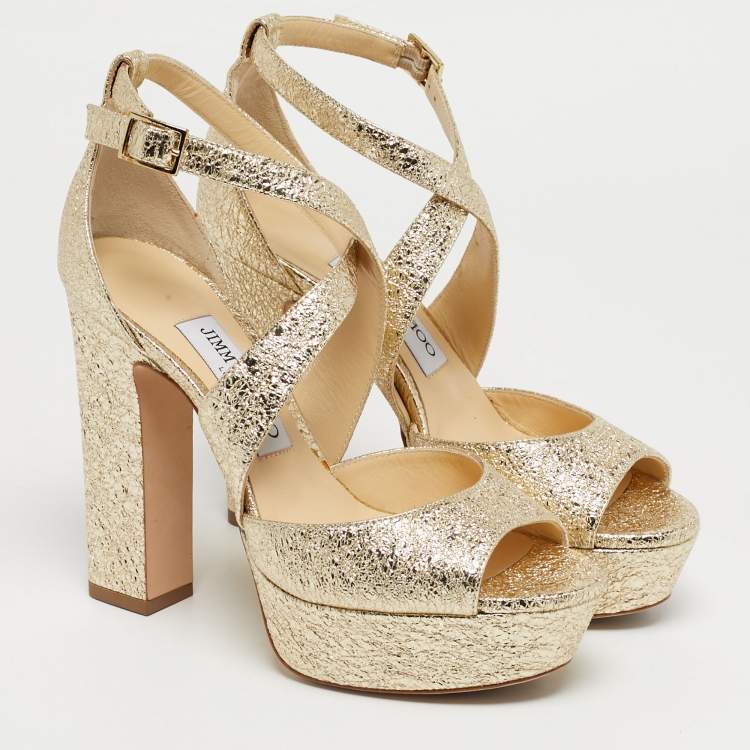 Pre Owned Jimmy Choo Gold Leather Carrie Block Heel Pumps Size 36