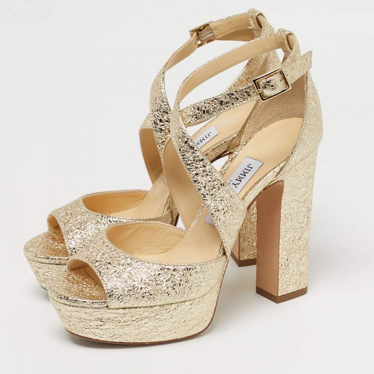 Pre Owned Jimmy Choo Gold Leather Carrie Block Heel Pumps Size 36