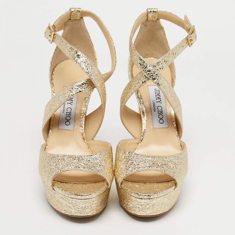 Pre Owned Jimmy Choo Gold Leather Carrie Block Heel Pumps Size 36