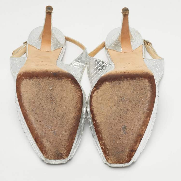 Pre Owned Jimmy Choo Silver Python Embossed Leather Nova Peep Toe Pumps Size 38