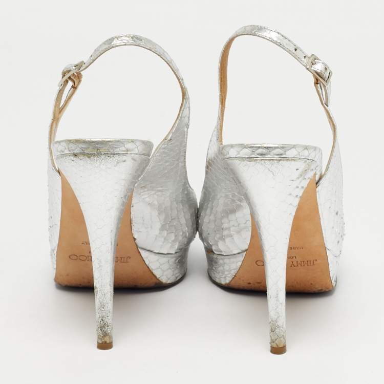 Pre Owned Jimmy Choo Silver Python Embossed Leather Nova Peep Toe Pumps Size 38