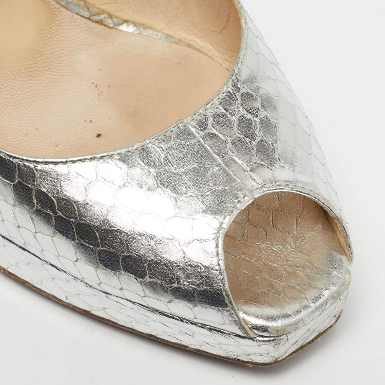 Pre Owned Jimmy Choo Silver Python Embossed Leather Nova Peep Toe Pumps Size 38