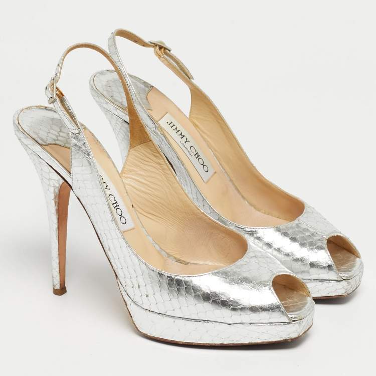 Pre Owned Jimmy Choo Silver Python Embossed Leather Nova Peep Toe Pumps Size 38