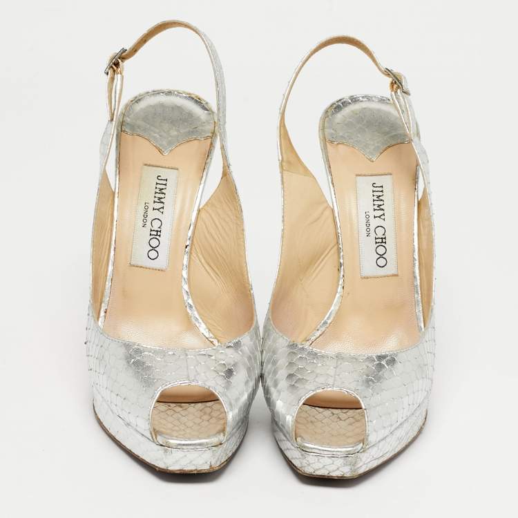 Pre Owned Jimmy Choo Silver Python Embossed Leather Nova Peep Toe Pumps Size 38