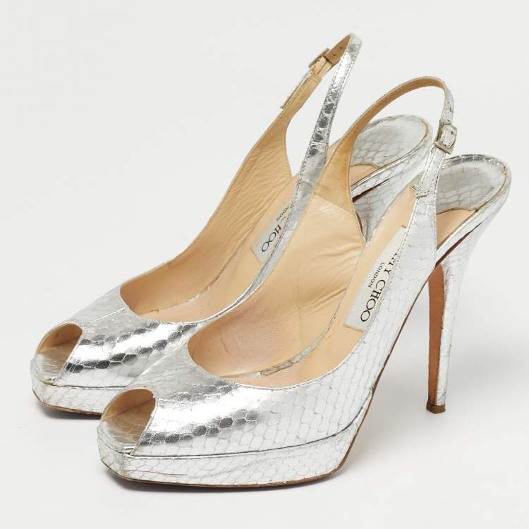 Pre Owned Jimmy Choo Silver Python Embossed Leather Nova Peep Toe Pumps Size 38