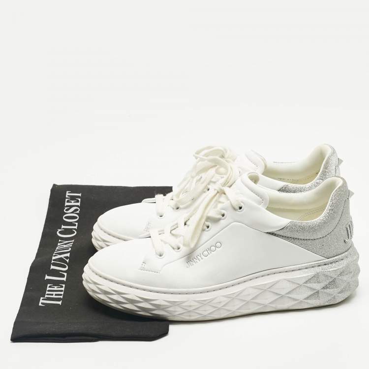 Pre Owned Jimmy Choo White/Silver Leather Diamond Light Maxi Sneakers Size 39