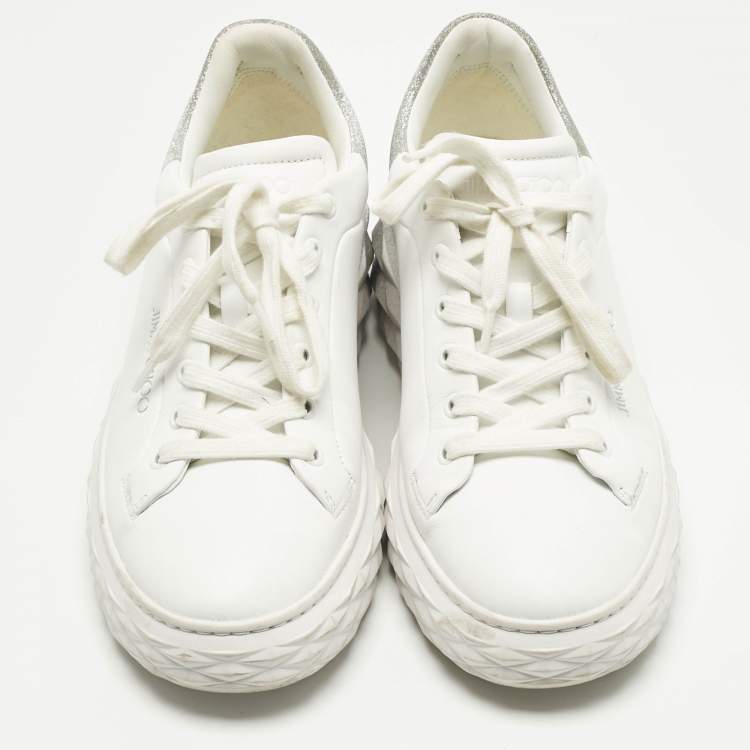 Pre Owned Jimmy Choo White/Silver Leather Diamond Light Maxi Sneakers Size 39