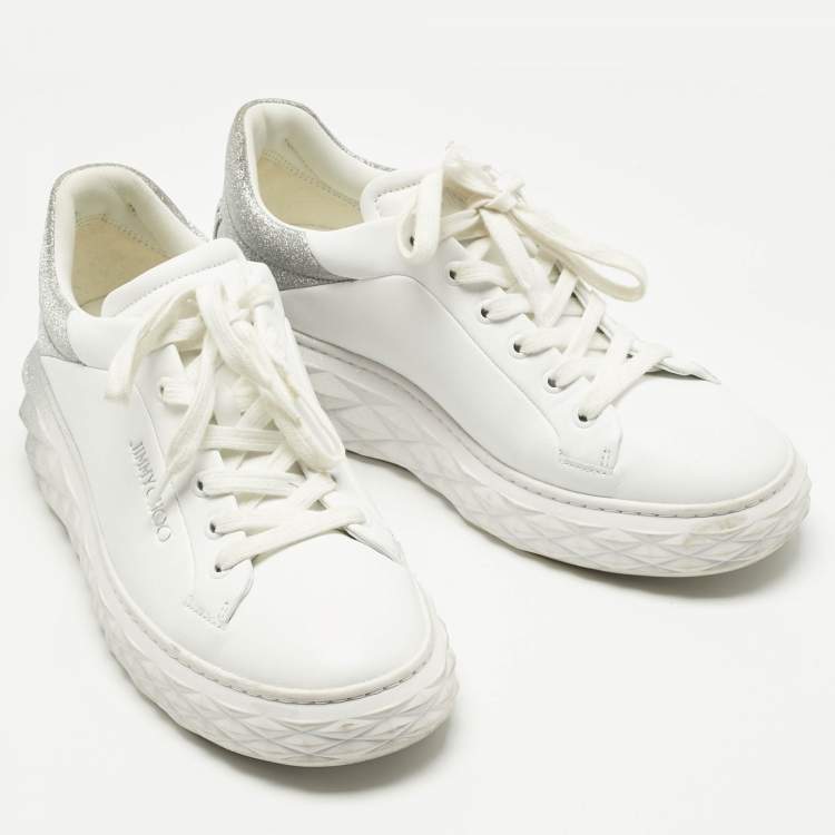 Pre Owned Jimmy Choo White/Silver Leather Diamond Light Maxi Sneakers Size 39