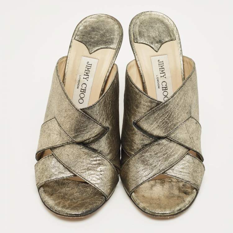 Pre Owned Jimmy Choo Metallic Crisscross Leather Slide Sandals Size 38.5