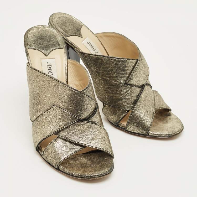 Pre Owned Jimmy Choo Metallic Crisscross Leather Slide Sandals Size 38.5