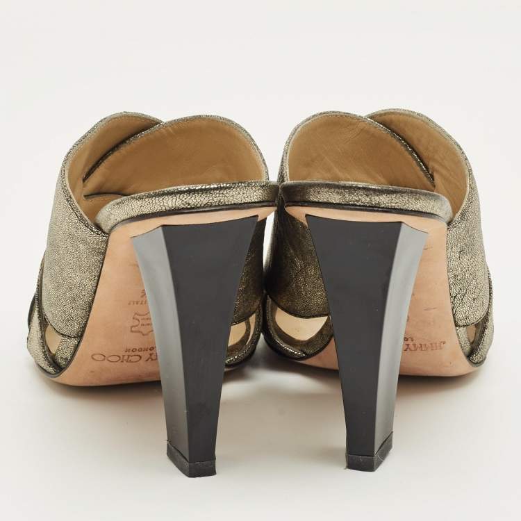 Pre Owned Jimmy Choo Metallic Crisscross Leather Slide Sandals Size 38.5