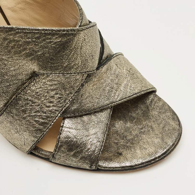 Pre Owned Jimmy Choo Metallic Crisscross Leather Slide Sandals Size 38.5