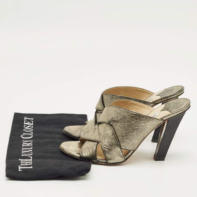 Pre Owned Jimmy Choo Metallic Crisscross Leather Slide Sandals Size 38.5