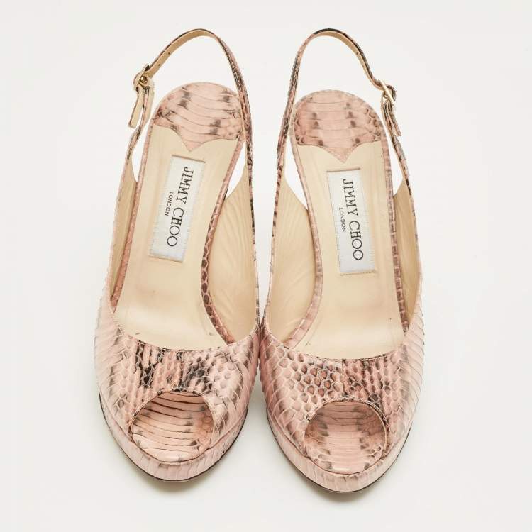 Pre Owned Jimmy Choo Pink Python LeatherPeep Toe Slingback Pumps Size 38