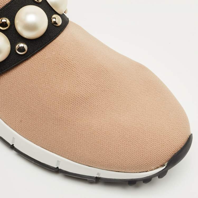 مملوكة مسبقًا Jimmy Choo Beige Fabric Studded Accents Sneakers Size 37