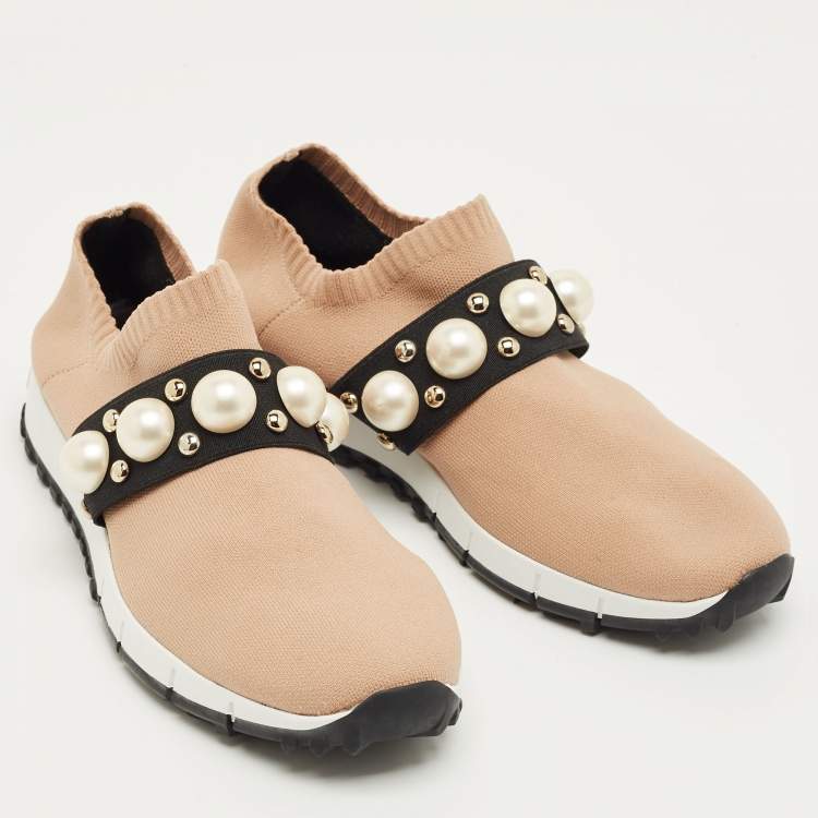 مملوكة مسبقًا Jimmy Choo Beige Fabric Studded Accents Sneakers Size 37