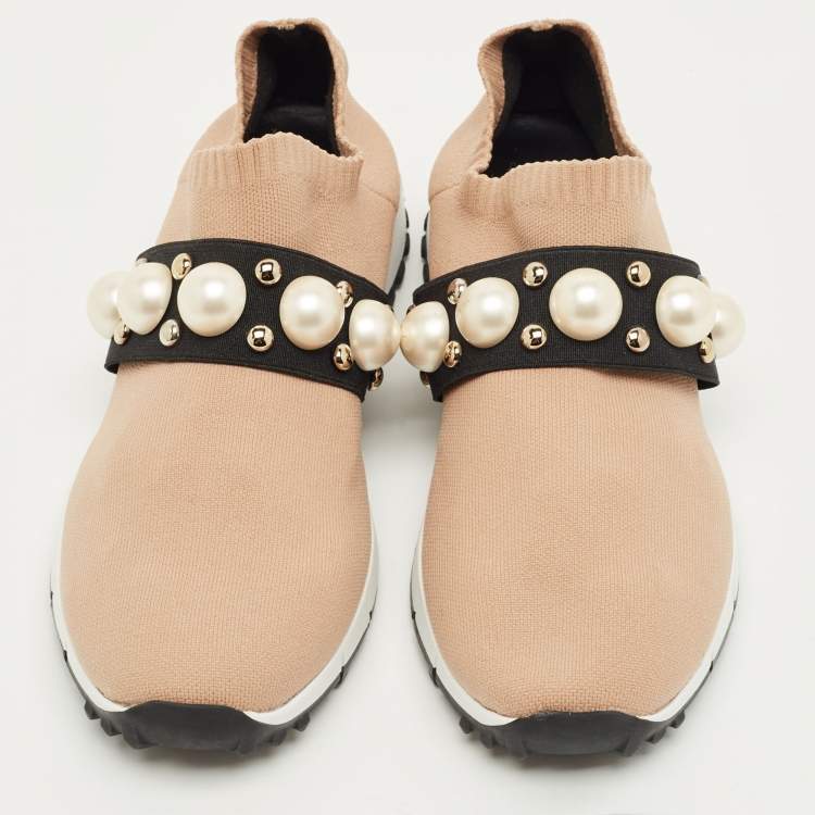 مملوكة مسبقًا Jimmy Choo Beige Fabric Studded Accents Sneakers Size 37