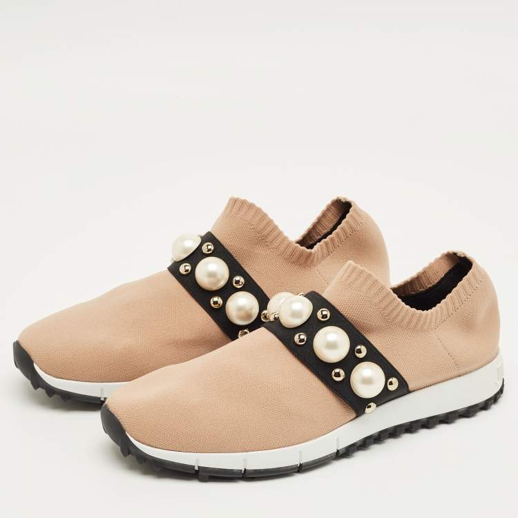 مملوكة مسبقًا Jimmy Choo Beige Fabric Studded Accents Sneakers Size 37