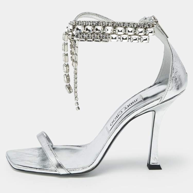 Pre Owned Jimmy Choo Silver Leather Crystal Embellished Verity Sandals Size 38