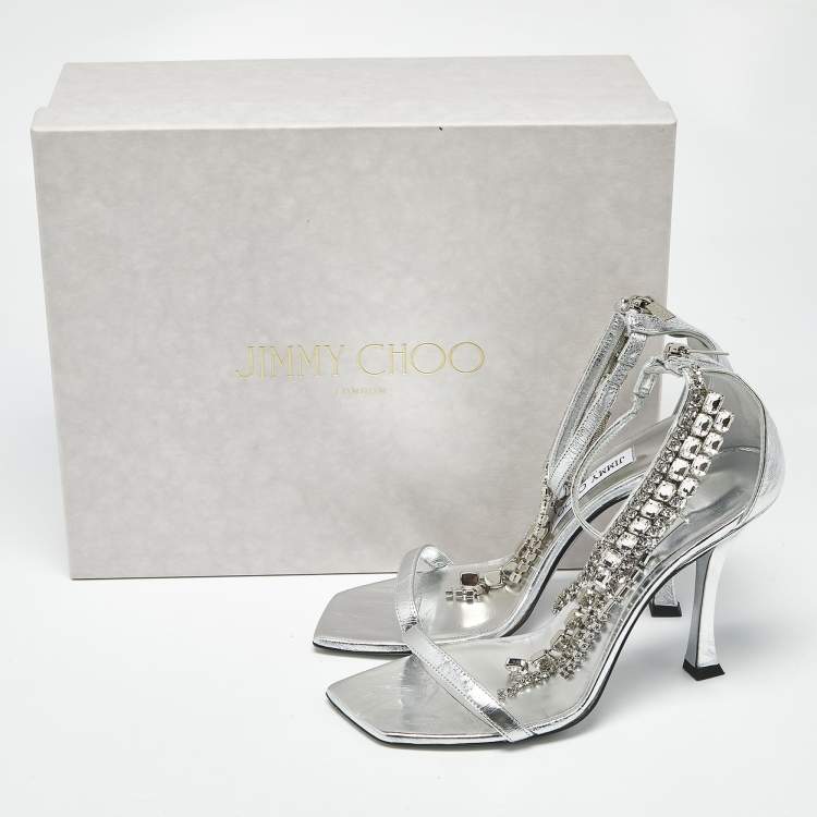 Pre Owned Jimmy Choo Silver Leather Crystal Embellished Verity Sandals Size 38