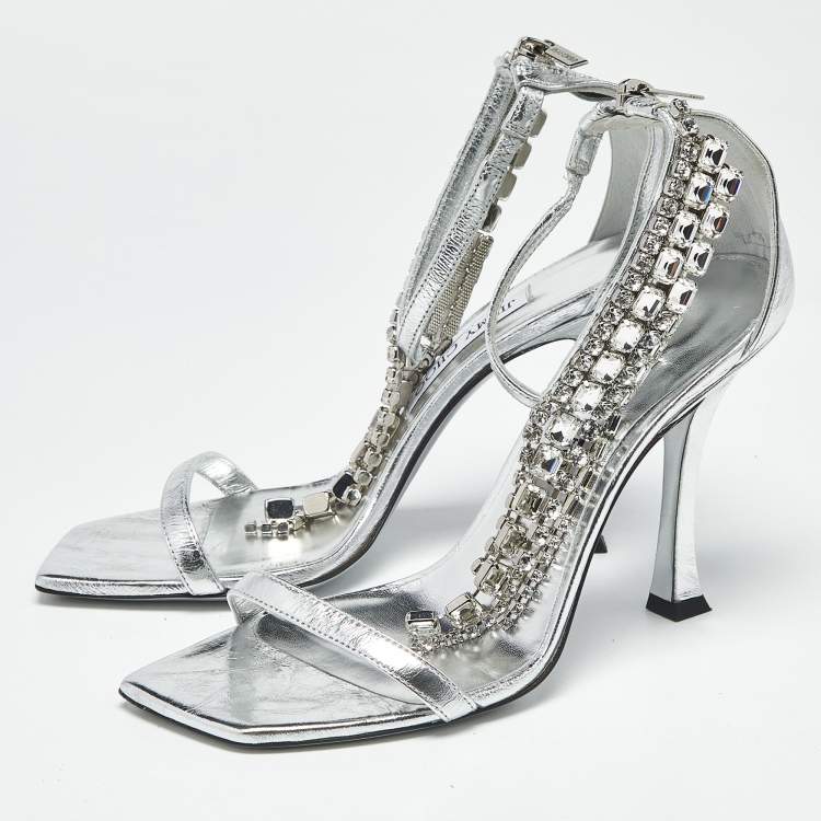 Pre Owned Jimmy Choo Silver Leather Crystal Embellished Verity Sandals Size 38