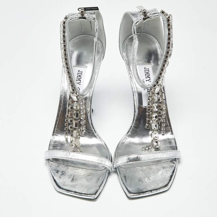 Pre Owned Jimmy Choo Silver Leather Crystal Embellished Verity Sandals Size 38
